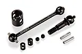 XRAY Hudy Spring Steel 58mm driveshaft components including the main shaft, wheel axle, drive cups, grub screws, and pins on a white background.