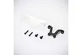 A clear polycarbonate RC front wing, a black plastic mounting bracket, and four black metal screws arranged on a white background.