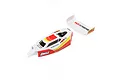 Losi 1/16 Mini B pre-painted RC buggy body shell and rear wing in white, red, and yellow, isolated on a white background.