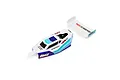 A pre-painted white, blue, and teal Losi Mini-B buggy body shell and matching rear wing on a white background.
