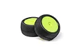 Two Losi 1/16 scale RC buggy rear wheels with black knobby rubber tires mounted on bright yellow plastic dish rims.