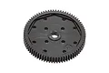 A black plastic 75-tooth spur gear for RC vehicles, showing the gear teeth and mounting holes.