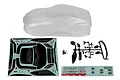 Team Associated 1/10 scale clear Nissan Z RC car body shell set including decals, plastic mirrors, and hardware on a white background.