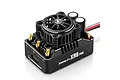Hobbywing Xerun XR8 Pro brushless ESC featuring a black cooling fan, capacitors, and gold-plated motor/battery terminals on a white background.