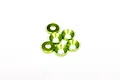 A cluster of six small, lime green anodized aluminium cone washers for RC vehicles on a white background.