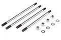 A set of four Losi RC shock shafts with threaded ends, accompanied by four lock nuts and four small washers, isolated on a white background.
