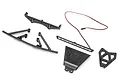 Losi front bumper kit including a black plastic bumper frame, LED light bar, mounting brackets, and wiring harness on a white background.