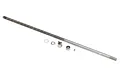 Pro Boat flex shaft set including a long threaded metal shaft, coupler, locking nut, washer, and small grub screw on a white background.