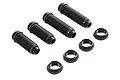 A set of four black threaded RC shock bodies and four matching threaded adjustment collars on a white background.