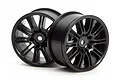 Two black 10-spoke RC car rims from HPI Racing, shown from a front-facing angle against a white background.