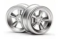 Two HPI Racing 1.9-inch vintage 5-spoke RC car rims in matte chrome finish, shown from a front-facing angle against a white background.