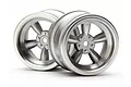Two HPI Racing vintage 5-spoke RC car rims in a matte chrome finish, shown from a front-facing angle against a white background.