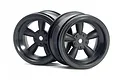 Two black HPI Racing vintage 5-spoke RC car rims positioned against a white background.