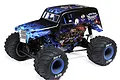 Losi Mini LMT Son Uva Digger RC monster truck with blue flame graphics and BKT tires on a white background.