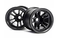 Two black HPI 2.2 inch Split 5 RC truck rims shown from a front-facing angle against a white background.