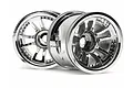 Two HPI Racing 2.2 inch chrome split 5-spoke RC truck rims shown from a front-facing angle against a white background.