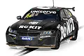 A 1/32 scale Scalextric slot car model of the black BMW 330i MSport driven by Jake Hill in the 2022 BTCC, featuring ROKiT and Uniserve branding.