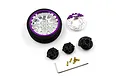 A Yeah Racing purple aluminium transmitter steering wheel set including a wheel, brake disc, adapters, screws, and an Allen key.