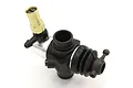 Kyosho slide carburetor for RC nitro engines featuring a black plastic body, silver metal base, and a brass fuel inlet nozzle.