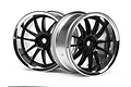 Two HPI Work XSA 02C RC car rims featuring a black multi-spoke design with a reflective chrome outer lip, set against a plain white background.