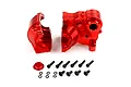 Rovan red anodized aluminium gearbox case set including two main housing pieces, a small cap, and various black screws and washers.
