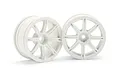 Two white HPI Work Emotion XC8 RC car rims shown from a front and side angle against a white background.