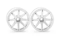 Two white HPI Work Emotion XC8 RC car rims shown from a front-facing angle against a white background.