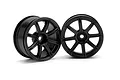 Two black HPI Work Emotion XC8 RC car rims shown from front and angled perspectives against a white background.