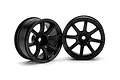 Two black HPI Work Emotion XC8 RC car rims shown from front and angled perspectives against a white background.