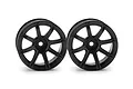 Two black HPI Work Emotion XC8 RC car rims shown from a front-facing angle against a white background.