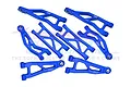 A set of blue anodized aluminium suspension arms for RC cars by GPM Racing, featuring various shapes and sizes with 7075 markings.