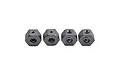 Four dark grey metal 12mm wheel hex adapters for RC vehicles arranged in a row against a white background.