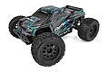 Team Associated Reflex 14MT RC monster truck in black with blue and pink graphics, shown from a high-angle studio shot.