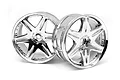 Two HPI Racing chrome-plated six-spoke RC car rims shown from a front-facing angle against a white background.