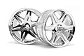 Two chrome-plated RC car rims with a six-spoke design, shown against a plain white background.