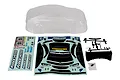 Team Associated 1/10 ST550 clear polycarbonate RC car body shell with included decal sheet, black plastic rear wing, and mounting hardware.