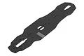 A top-down view of a black carbon fibre main chassis plate for an XRAY X4F'23 RC car, featuring various mounting holes and cutouts.