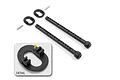 XRAY +2mm front body posts set including two black plastic body posts, two mounting collars, and two metal pins, with a detail inset showing the collar.