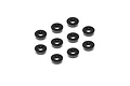 Ten small black circular aluminium shims arranged in a cluster against a white background.