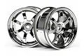 Two shiny chrome-finished RC car rims with a six-spoke design, presented against a clean white background.