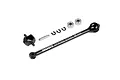 XRAY Hudy Spring Steel 59mm ECS BB driveshaft components including the shaft, axle, bearings, and E-clips on a white background.
