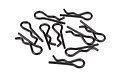 A pile of ten small black metal R-clips for RC car bodies on a white background.