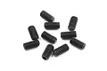 A collection of ten small black metal grub screws arranged on a plain white background.