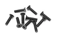 A collection of ten black metal countersunk hex head screws scattered on a white background.