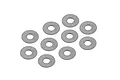 A collection of ten small, flat, silver-coloured metal washers arranged on a plain white background.