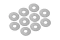 A collection of ten identical thin, circular metal washers arranged in a cluster against a white background.