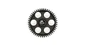 A dark grey, hard-coated aluminium pinion gear with six weight-reduction holes, viewed from the front against a white background.