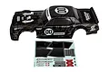 Team Associated 1/10 Apex 2 Hoonicorn pre-painted black body shell with decals sheet on a white background.
