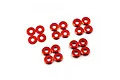 A set of twenty small, round, red anodized aluminium washers arranged in five groups of four on a white background.