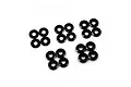 A set of small black anodized aluminium washers arranged in groups on a white background.